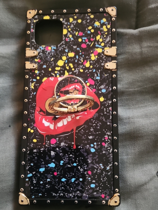 Other - Stylish Black Lip Print Phone Case with Gold Ring Holder